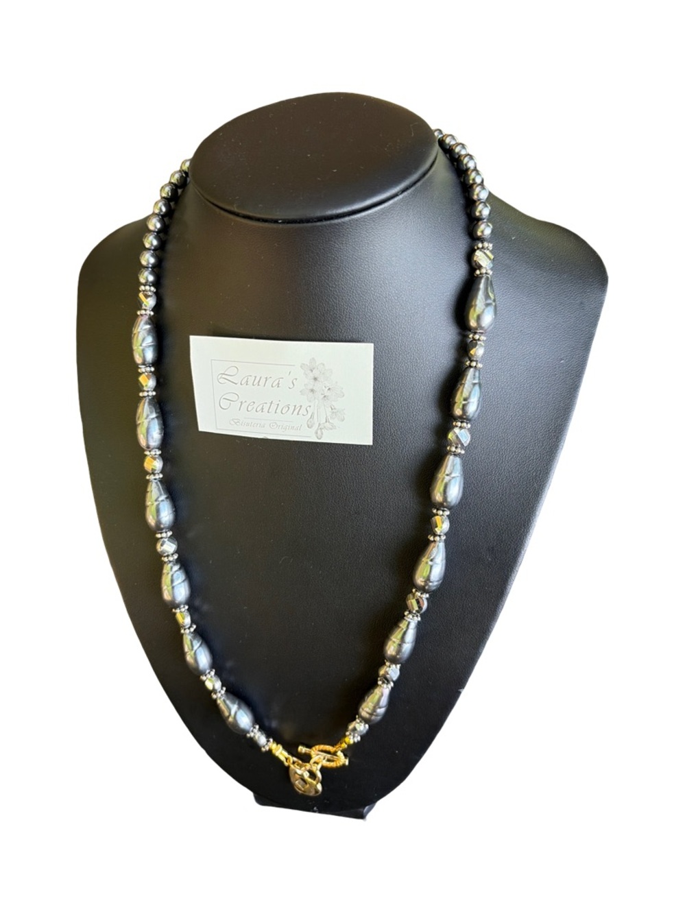 Gunmetal Pearl Necklace with Gold Accent